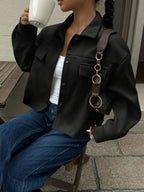 YY0904149 Women'S Lapel Short Jacket, Casual Utility Style Top, Jacket, Shirt Jacket, Spring/Autumn Style - Black