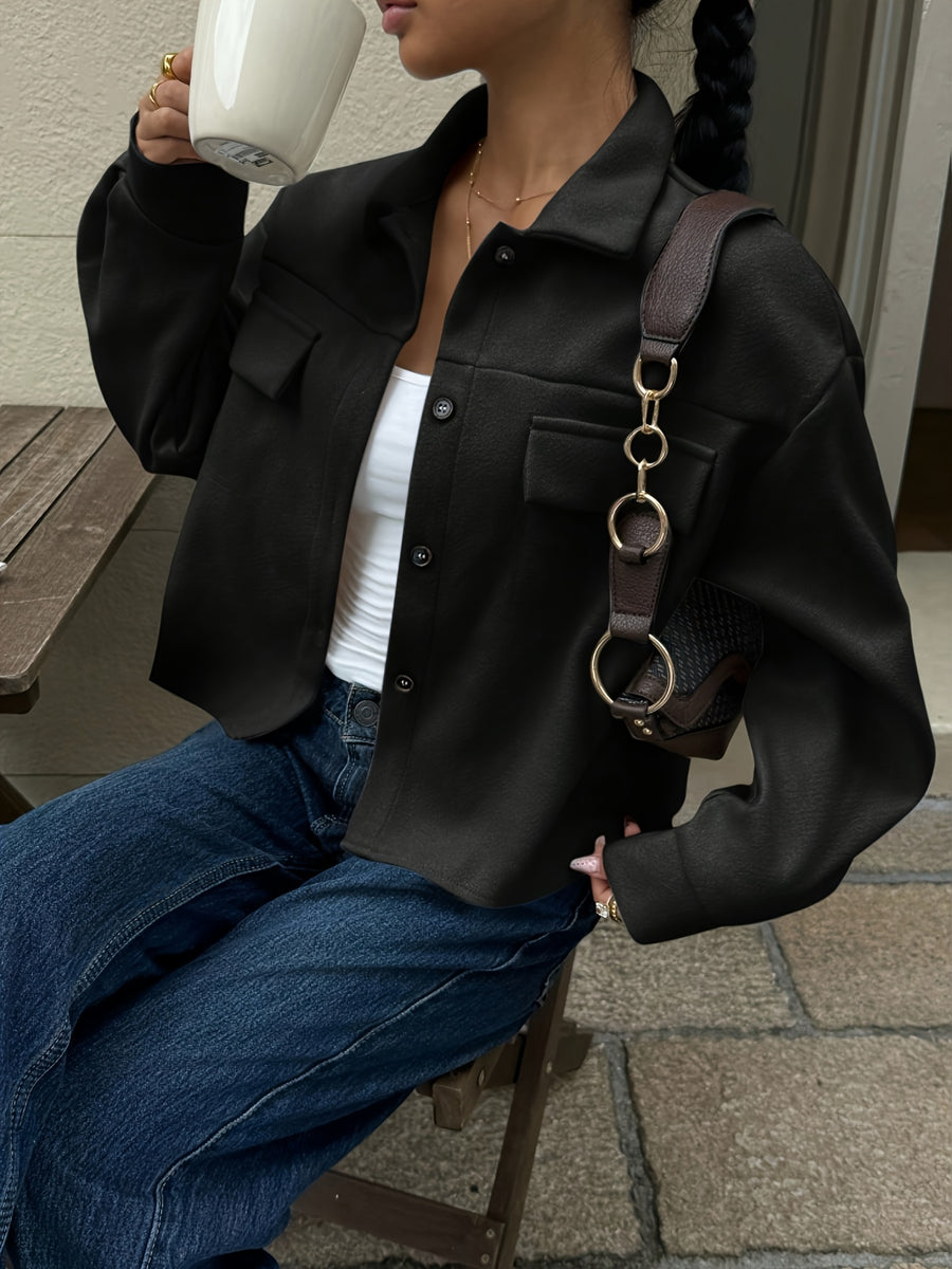 YY0904149 Women'S Lapel Short Jacket, Casual Utility Style Top, Jacket, Shirt Jacket, Spring/Autumn Style - Black