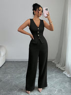 Sleeveless Elegant Vest And Women'S Pants Set, Summer Office Wear - Black