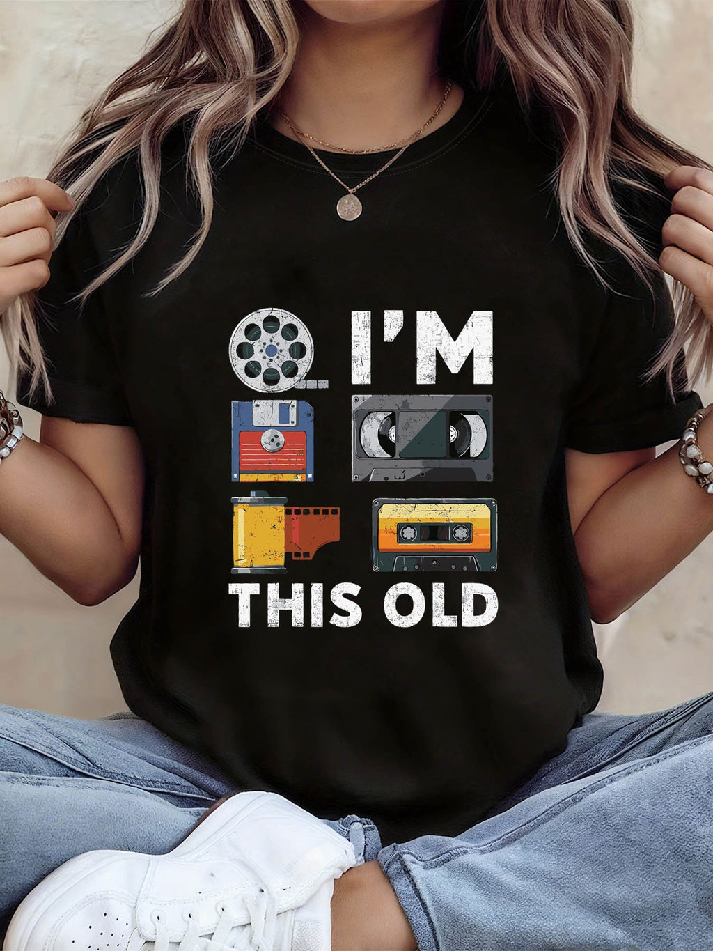 Retro Tech Nostalgia I'M This Old Now Floppy Disk Cassette Pattern Printed Women'S Round Neck Spring Summer T-Shirt Short Sleeve - Black