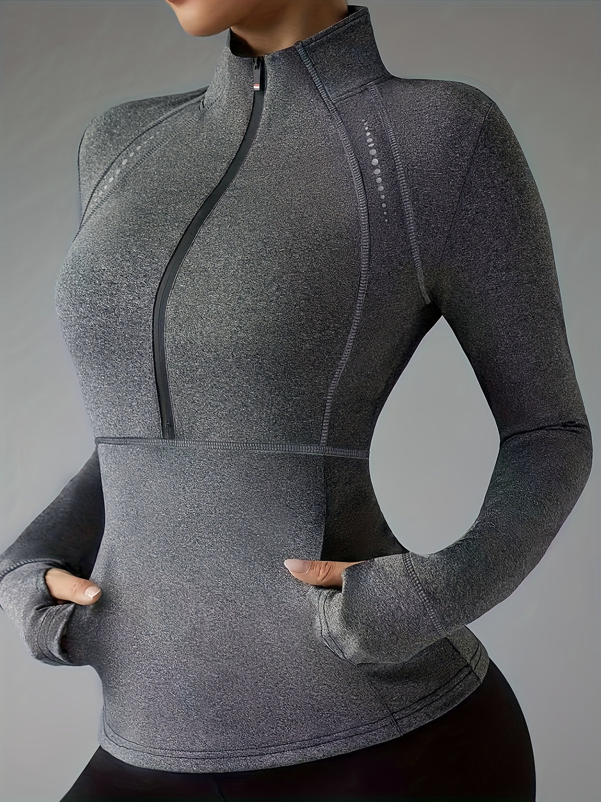 Women's Sports Top with Half-Zip & Shoulder Details - High Stretch, Comfortable, Specialized for Yoga, Fitness & Training - Grey