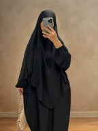Two-Pieces Set (Khimar And Abaya) Prayer Jilbab Outfit for Muslim Women, Stylish And Elegant, Features a Solid Color, Easy Single-Layer Headscarf Khimar. Ideal for Everyday Wear, Festivals, Gatherings, And Outdoor Events. Women'S Islamic - Black