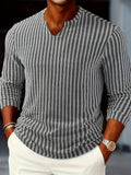 Spring/Autumn New Fishbone Pattern V-Neck Long Sleeve Men'S T-Shirt Heavyweight Casual T-Shirt Premium Inner Layer Base Layer Top - Black And White Stripes