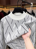 Men'S Mid-Length Round Neck Jacquard Sweater Autumn Winter Knit Casual Pullover Warm Top - White