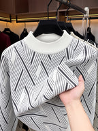 Men'S Mid-Length Round Neck Jacquard Sweater Autumn Winter Knit Casual Pullover Warm Top - White