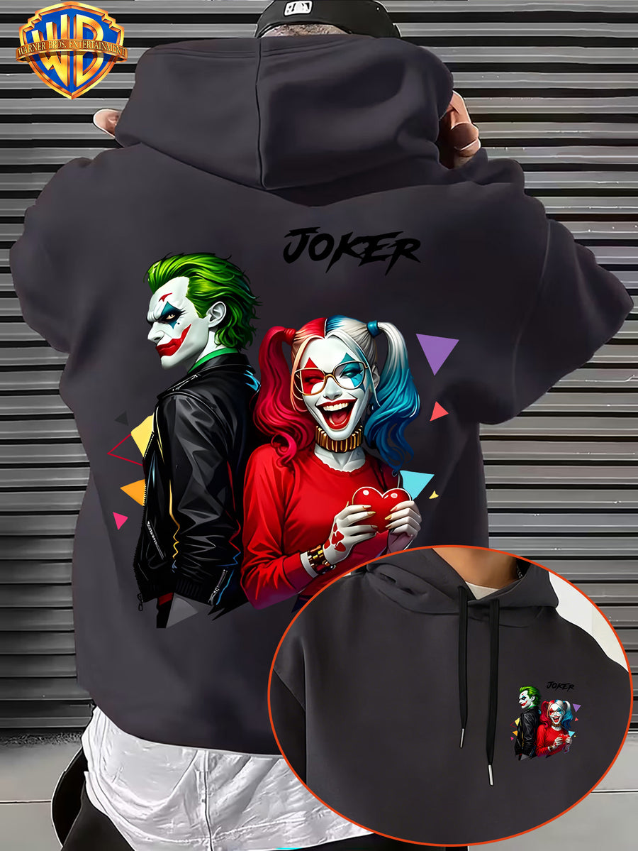 Warner Bros. American Comic-style Joker and Harley Quinn Back-to-back Design, JOKER Title Character with Heart Graphic and Colorful Triangle Accents, Trendy and Cool Printed Men's Fashion Hooded Sweatshirt, Sleeve Print Design, Kangaroo Pocket - Dark Gray