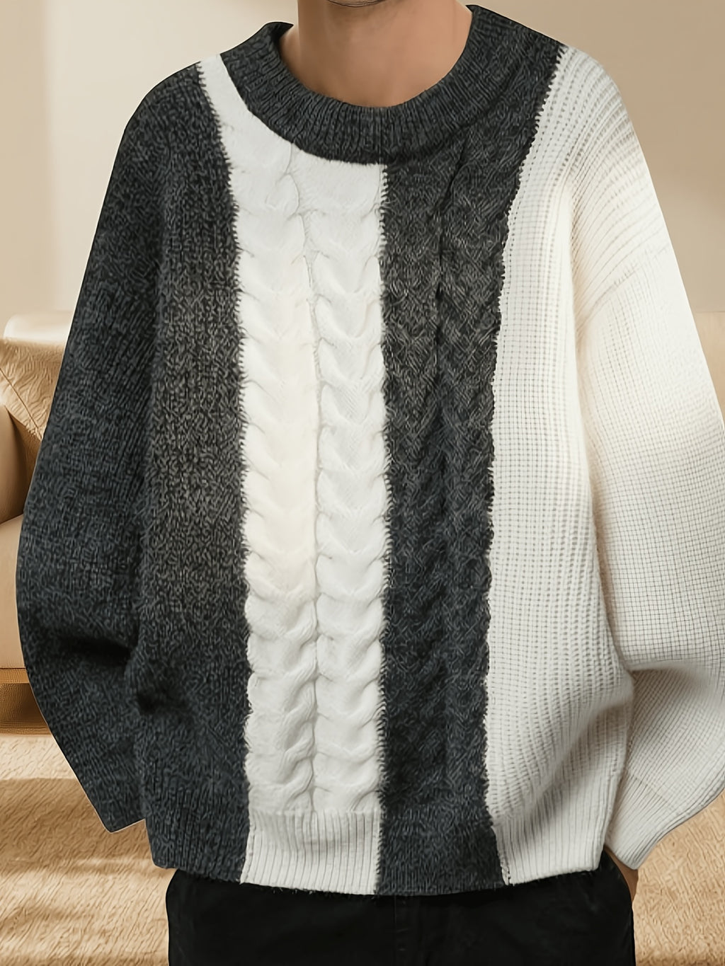 Men's Du Jing Lan OBM Color Block Knit Sweater - Old Money Style Round Neck Pullover with Contrast Long Sleeves, Business Casual Ribbed Sweater Suitable for Layering, Golf, Outdoor & Daily Wear, Spring/Autumn Winter Wardrobe Essential - Grey