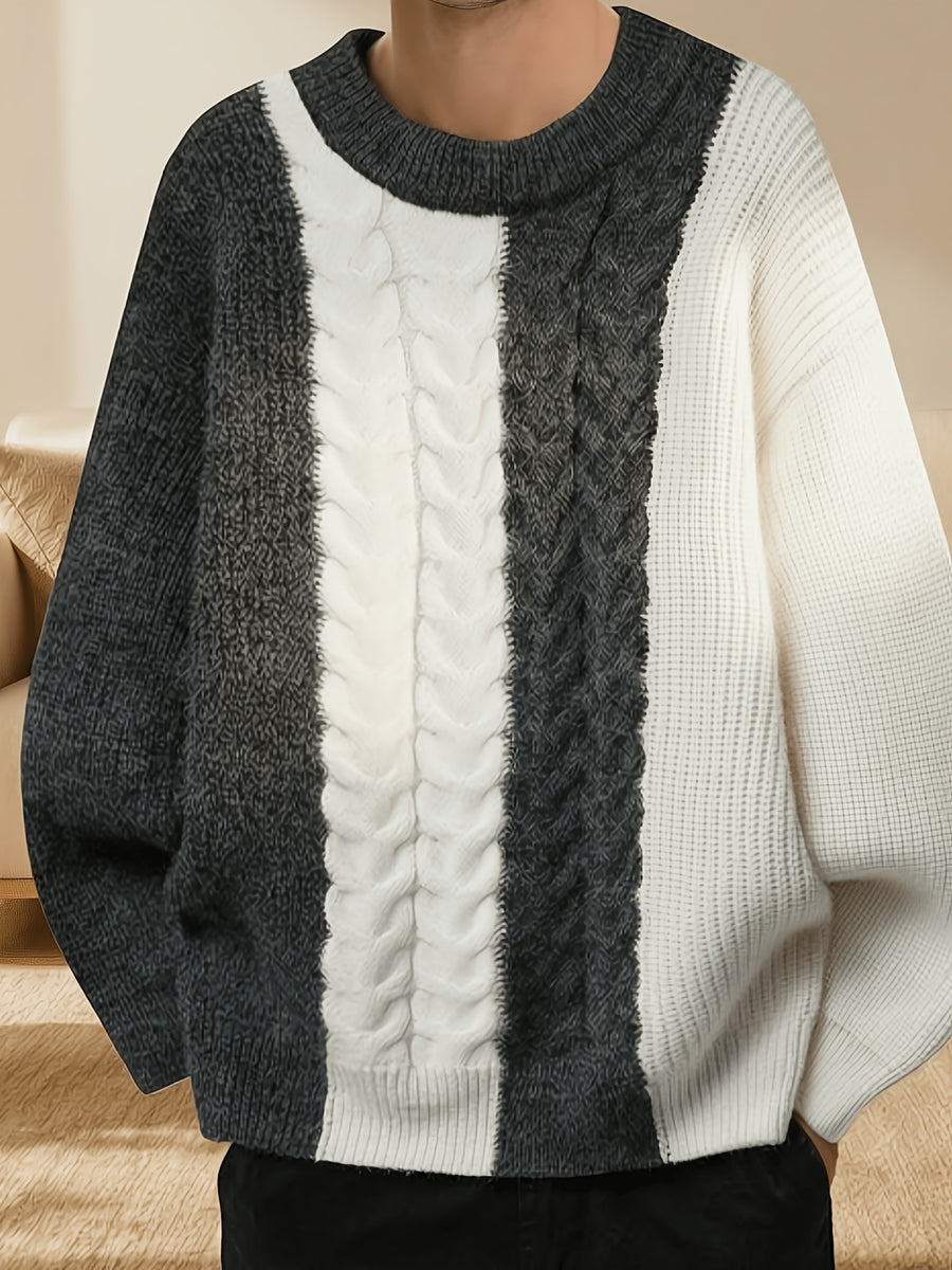 Men's Du Jing Lan OBM Color Block Knit Sweater - Old Money Style Round Neck Pullover with Contrast Long Sleeves, Business Casual Ribbed Sweater Suitable for Layering, Golf, Outdoor & Daily Wear, Spring/Autumn Winter Wardrobe Essential - Grey