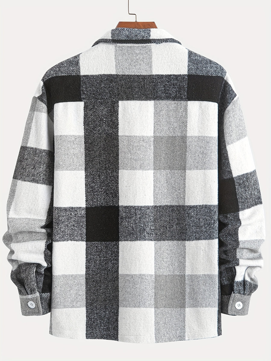 1pc of Plaid Casual Jacket, Casual Sports Jacket, Lapel Button Cardigan Jacket - Grey