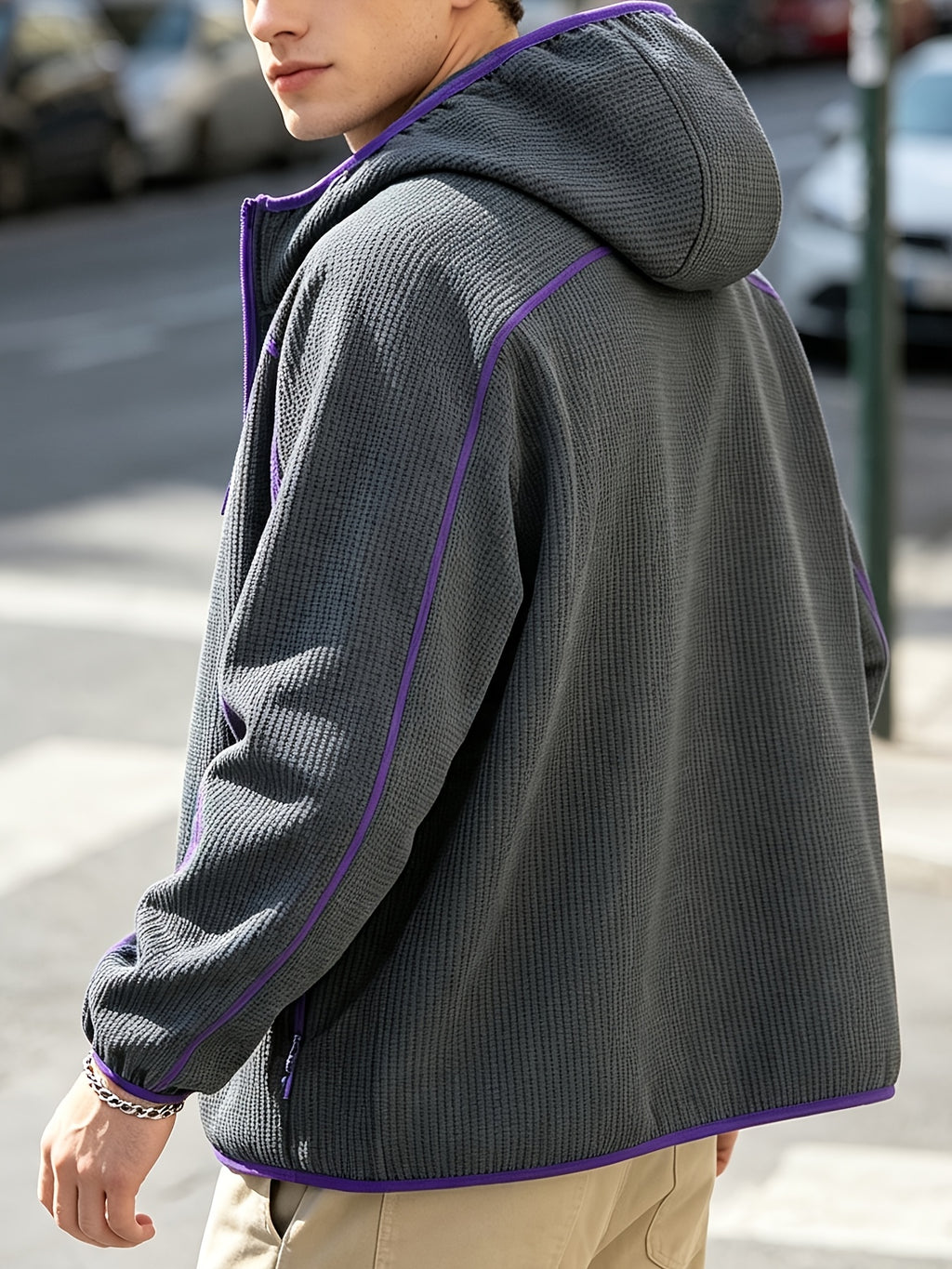 2026 New Men's Waffle Knit Textured Sport Jacket, Spring/Autumn Lightweight Hooded Outerwear, Suitable for Sports & Fitness, Outdoor Activities, Daily Home Wear, and Casual Outings - Dark Gray