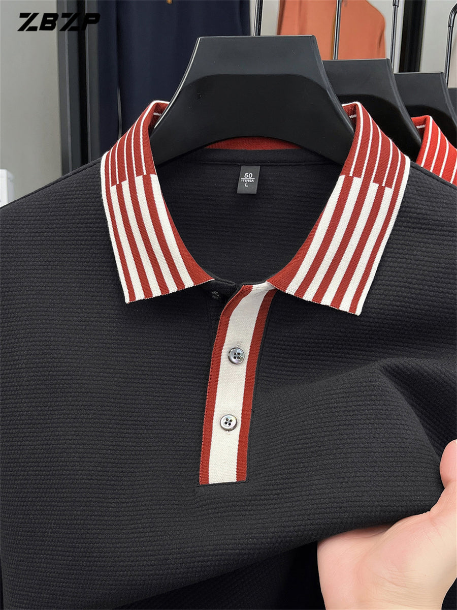 ZBZP New Spring, Autumn, Winter Men's Long Sleeve Polo Shirt, Lapel Pullover, Simple Business Casual High-End Breathable Long Sleeve T-Shirt, Men's Apparel DR - Black