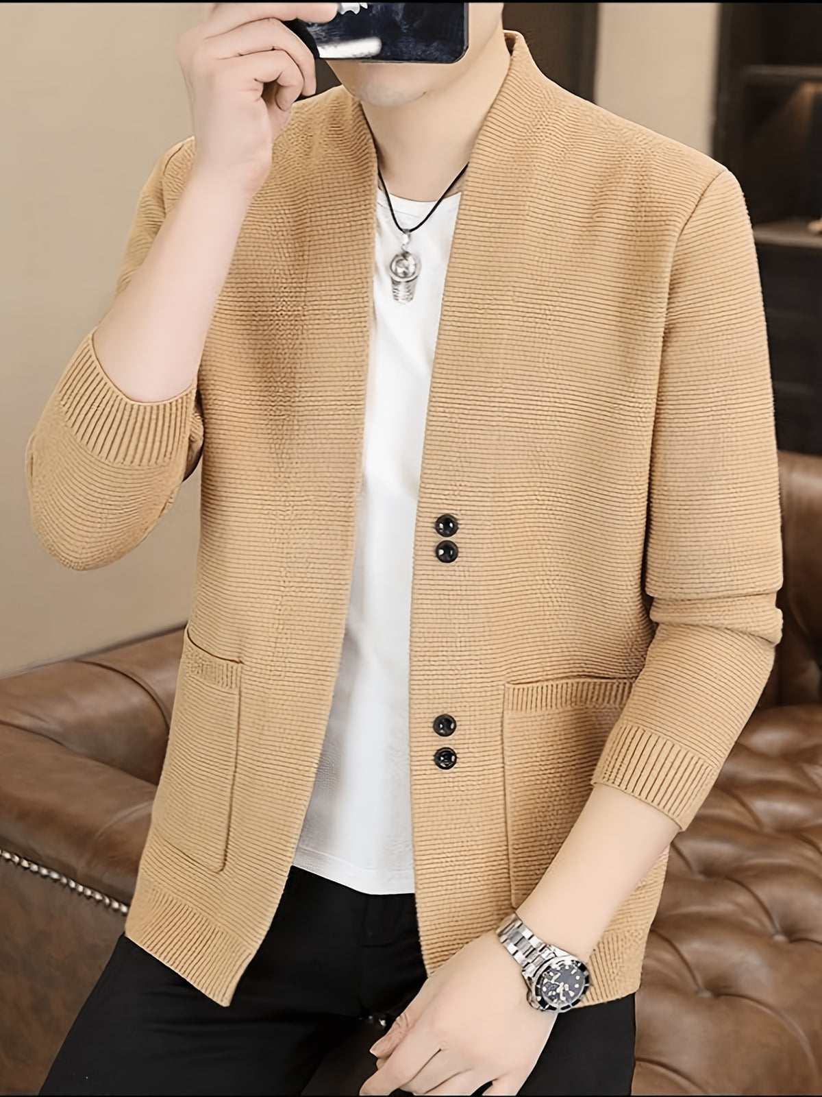 [Dulinglan OBM] Spring/Autumn New Men'S Knit Cardigan, Old Money Style Solid Striped Open Collar V-Neck Knit Cardigan Men'S Business Casual Fashion Open Collar Knit Sweater Top, Suitable for Spring, Autumn, Layering Or Outerwear - Yellow Apricot