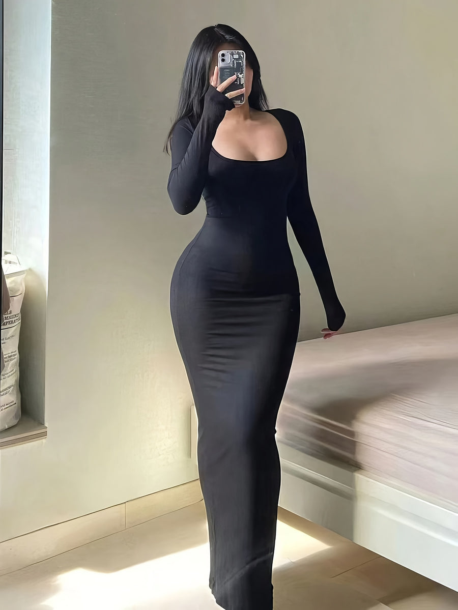 Tight Ultra-Long Women'S Autumn Long Sleeve Square Neck A-Line Sexy Bodycon Dress - Black
