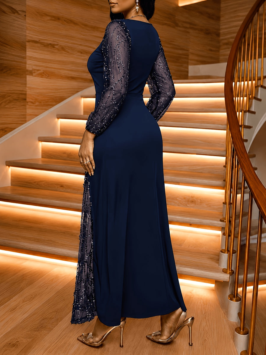 Women's Elegant Sequin Patchwork Black Long Sleeve Dress - Square Neck Semi-Sheer Slim Fit Informal Evening Gown - Navy Color