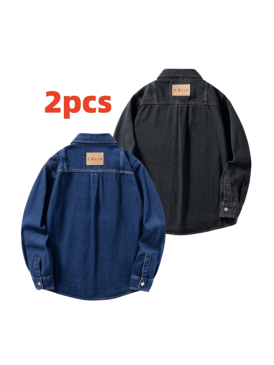 2pcs Men's Loose Vintage Washed Lapel Denim Shirt, Casual Versatile Daily Streetwear Jacket - Nostalgia + Deep Blue