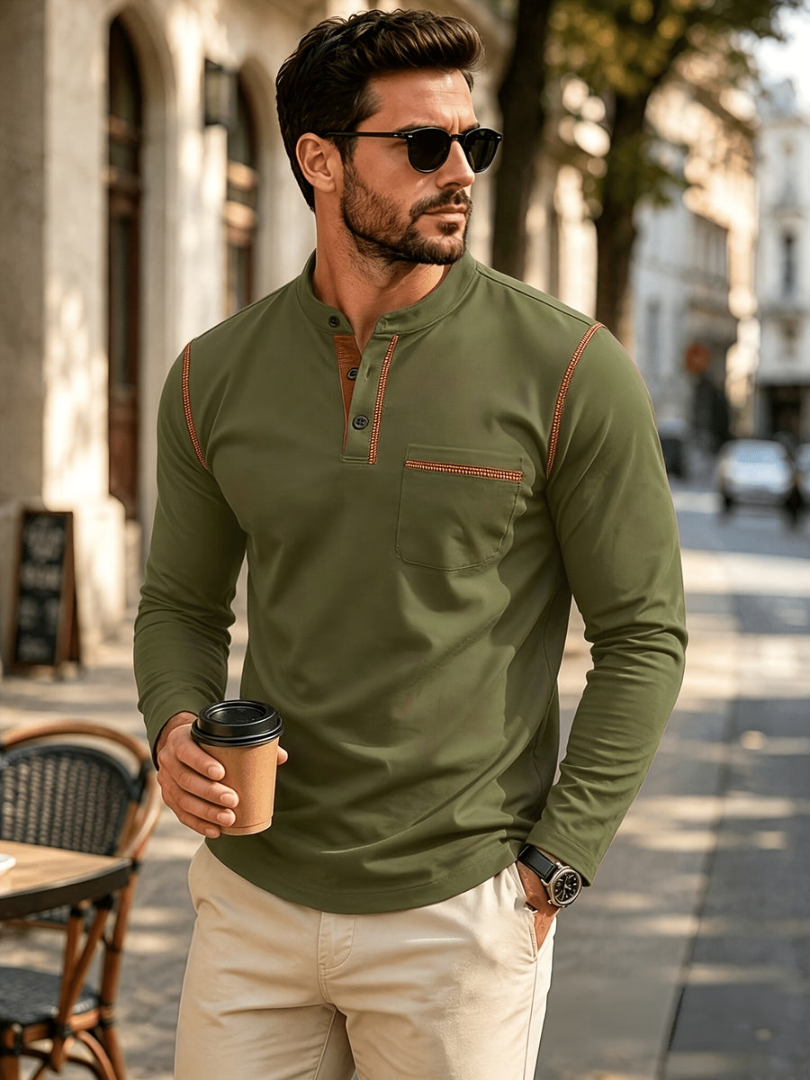 1pc Men'S Long Sleeve Henley Shirt, Stand Collar Slim Fit Casual Top, Solid Color Micro-Elastic Machine Washable Fabric, Contrast Stitching, Pocket Design Suitable for Early Autumn, for Daily, Travel, Dates - fern green