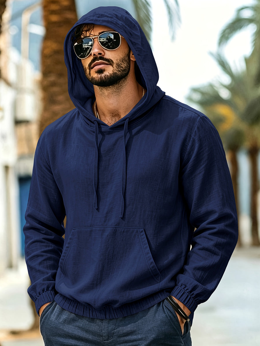 Men's New Spring/Autumn Linen Hooded T-Shirt, Suitable for Commuting, Parties, Outings, Travel, and Sports, Lightweight and Stylish Sweatshirt - Navy Color