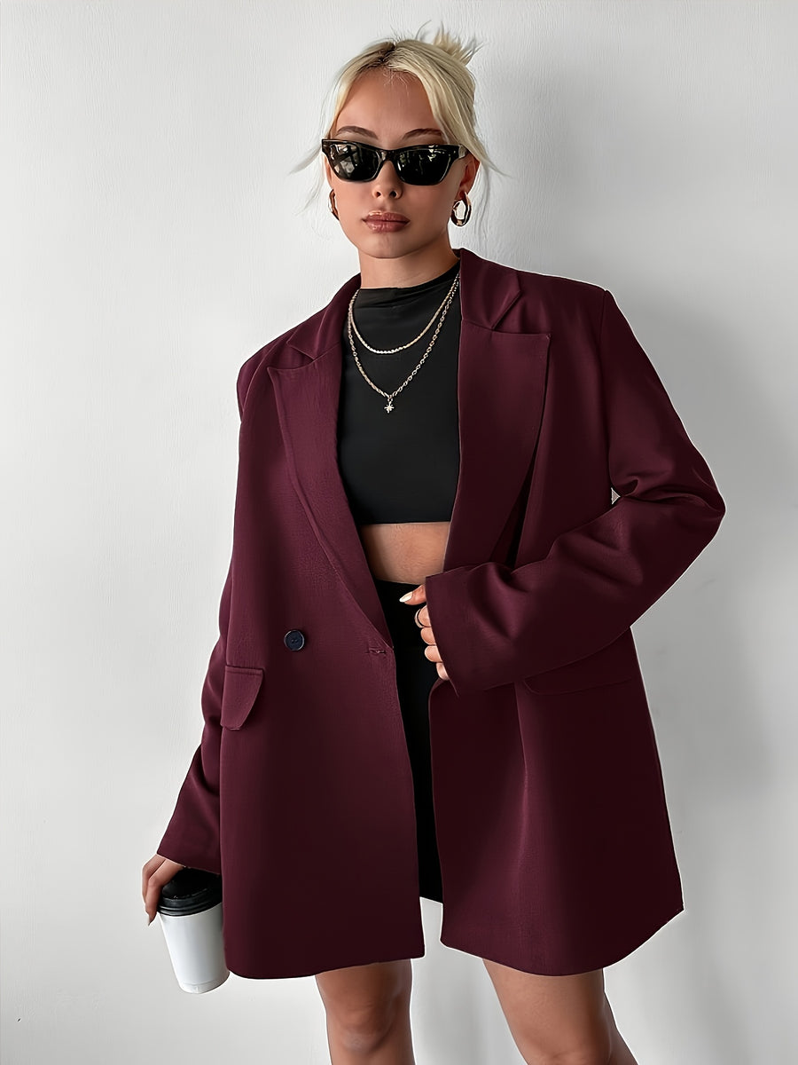 Women's Casual Loose Fit Shoulder Padded Mid-Length Double-Breasted Blazer, Women's Blazer, Women's Loose Fit Blazer - Burgundy