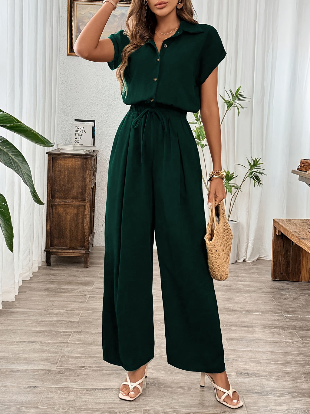 Women'S Spring Summer Fall Solid Basic Wide-Leg Jumpsuit - Dark Green