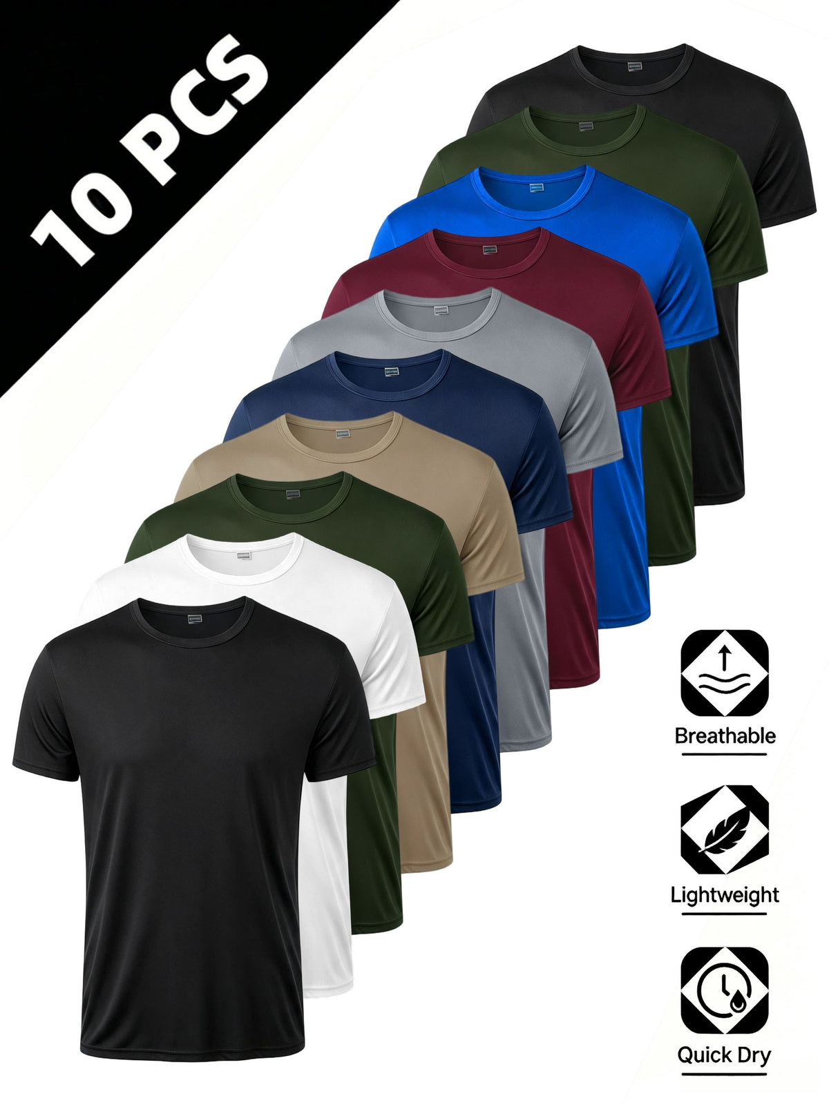 10pcs pc, 2026 New Summer Men'S Breathable Moisture-Wicking Quick-Dry Sailor Collar Short Sleeve T-Shirt, Solid Color Regular Sports Top, Best Gift for Father'S Day - 10 Color Combination 1