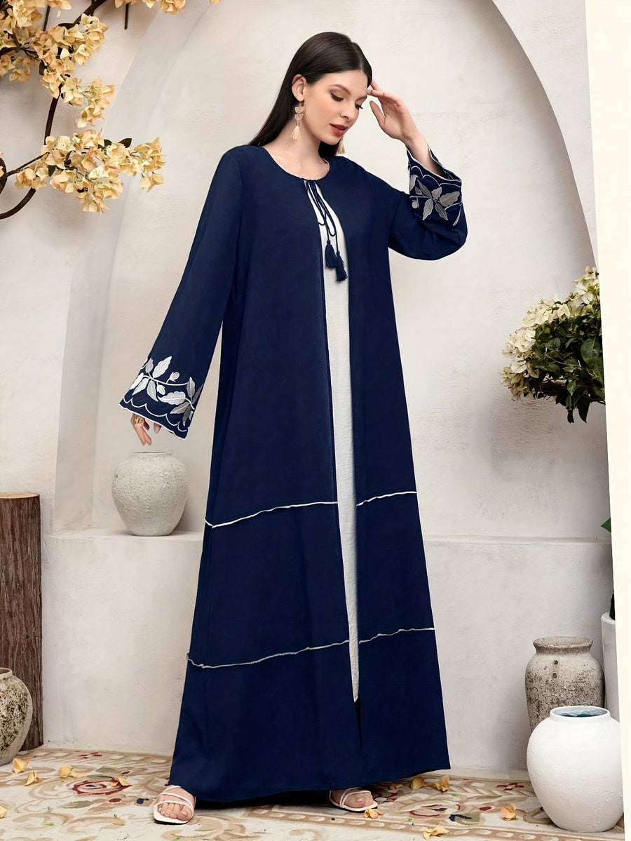 Women'S Elegant Floral Embroidered Long Sleeve Robe, Dignified And Generous - Navy Color