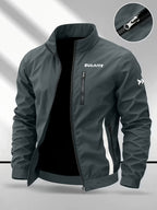Men's Stand Collar Jacket with Color-blocking White Stripe Design and Logo, Business Casual Versatile Lightweight Windbreaker, Trendy Slim Fit Zip-up Sports Jacket, Suitable for Daily Work Wear. - Dark Gray