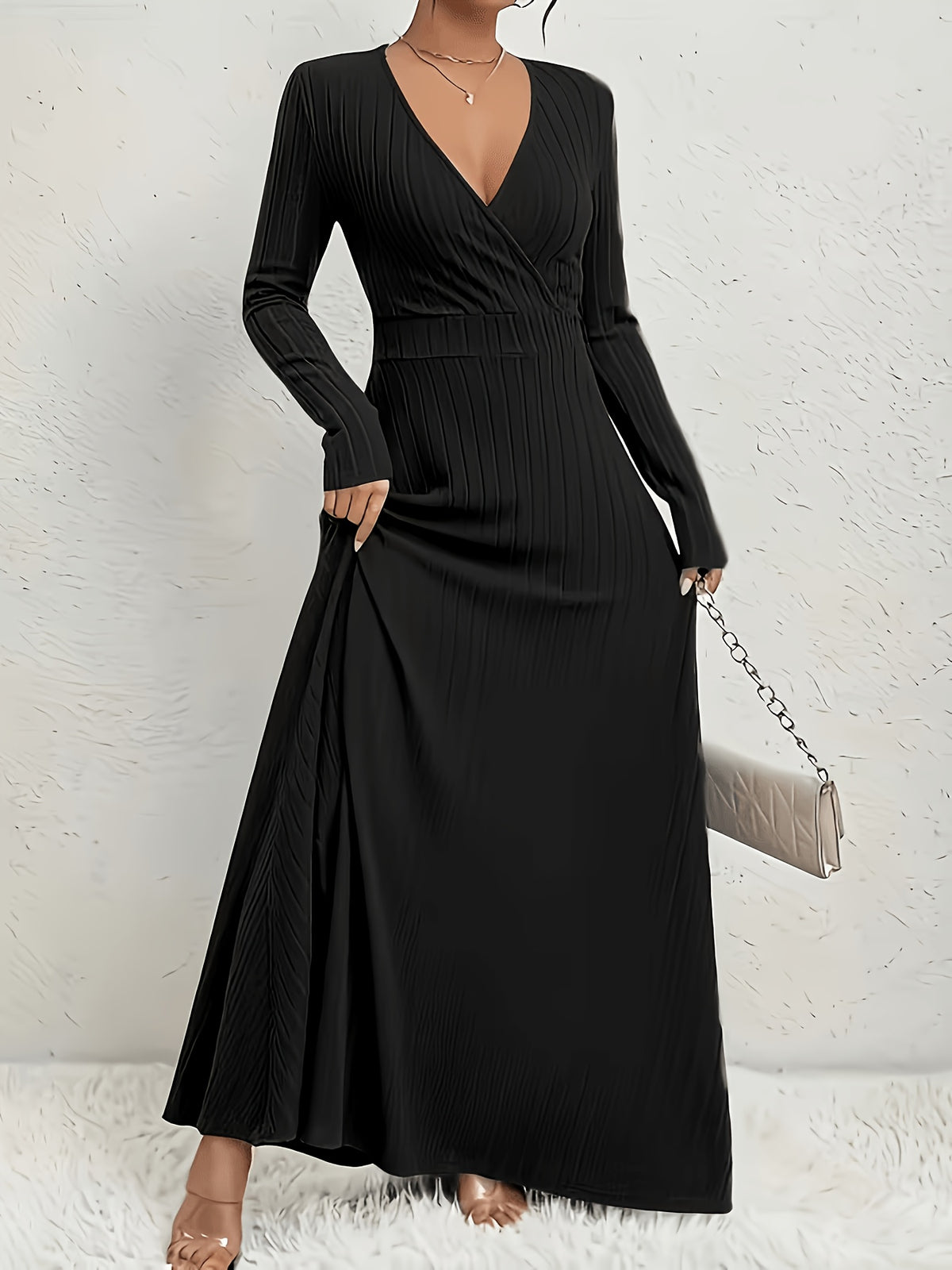 Women's A-Line Dress with Cross Neckline & Sleeves - Soft Stretch Midi Dress for All Seasons, Machine Washable Solid Color Elegant Casual to Formal Wear, Formal Attire, Construction - Black