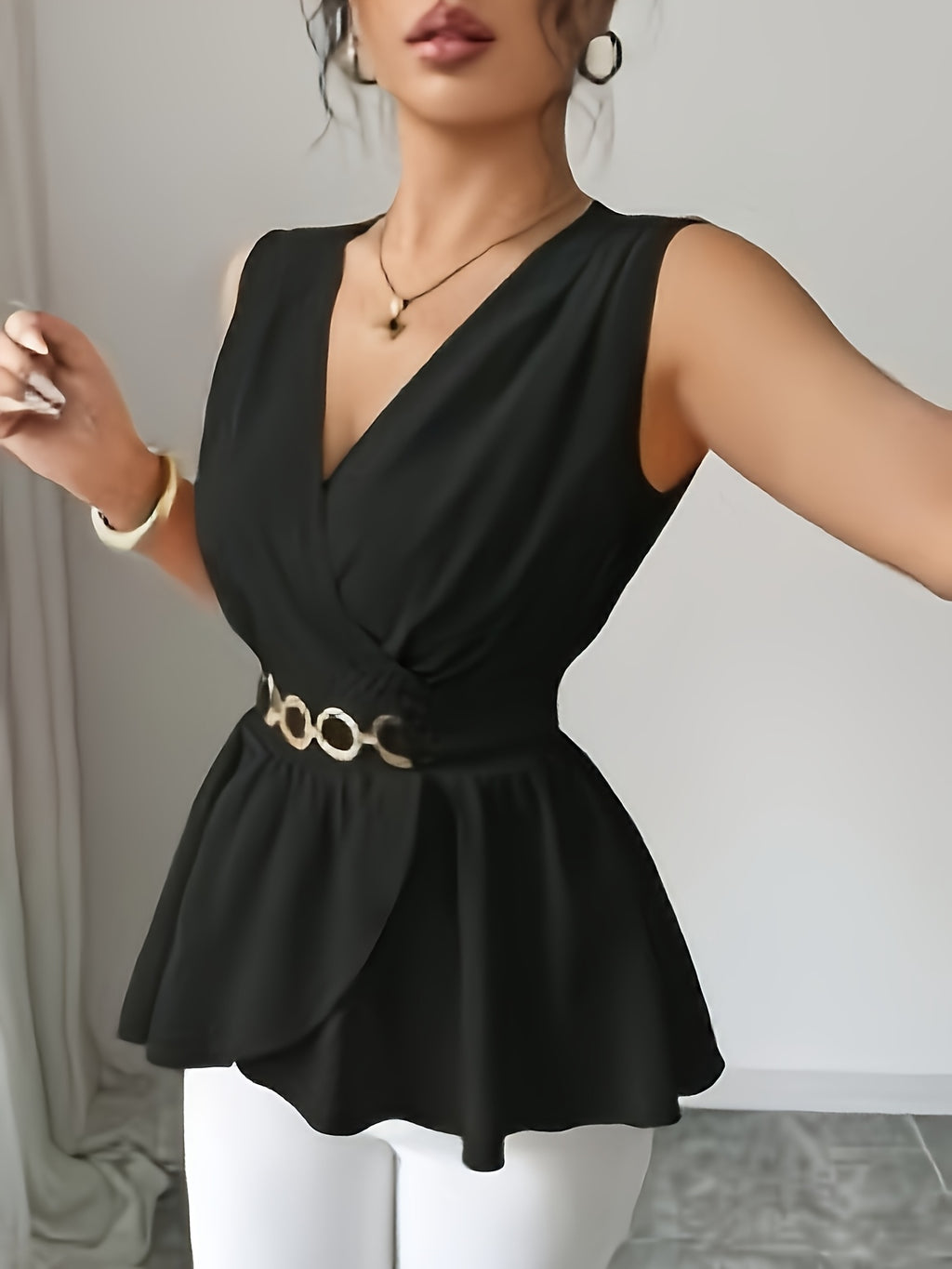 Elegant V-neck Sleeveless Waisted Blouse with Metal Button Detailing and Ruffled Hem, Versatile Women's Top - Black
