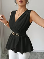 Elegant V-neck Sleeveless Waisted Blouse with Metal Button Detailing and Ruffled Hem, Versatile Women's Top - Black