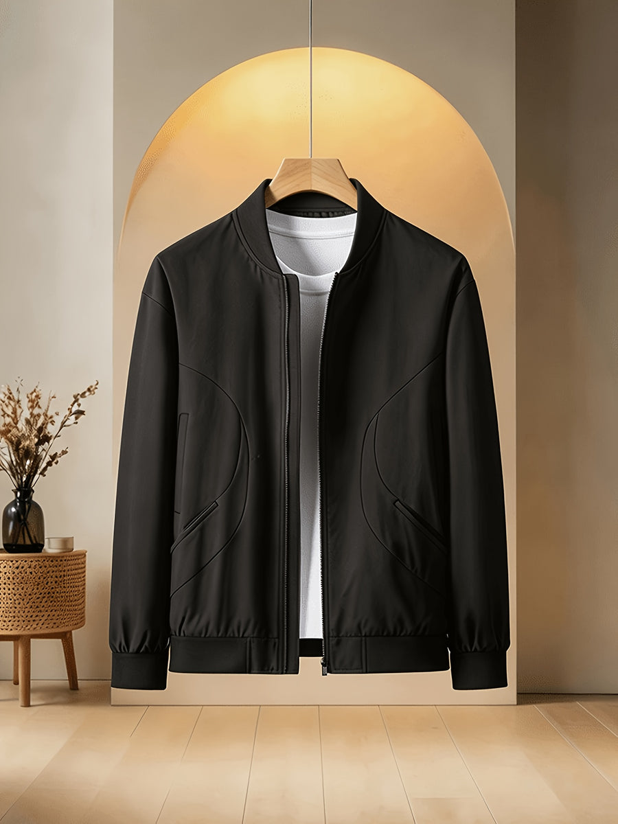 Men'S Classic Zipper Jacket, 100% New Polyester Fiber Solid Color Outerwear, Wrinkle-Resistant Lightweight Long Sleeve Coat, Men'S Work-Use Jacket, Casual Daily Wear, Business Commute, Suitable for Business Casual, Daily Outings, Travel - Black