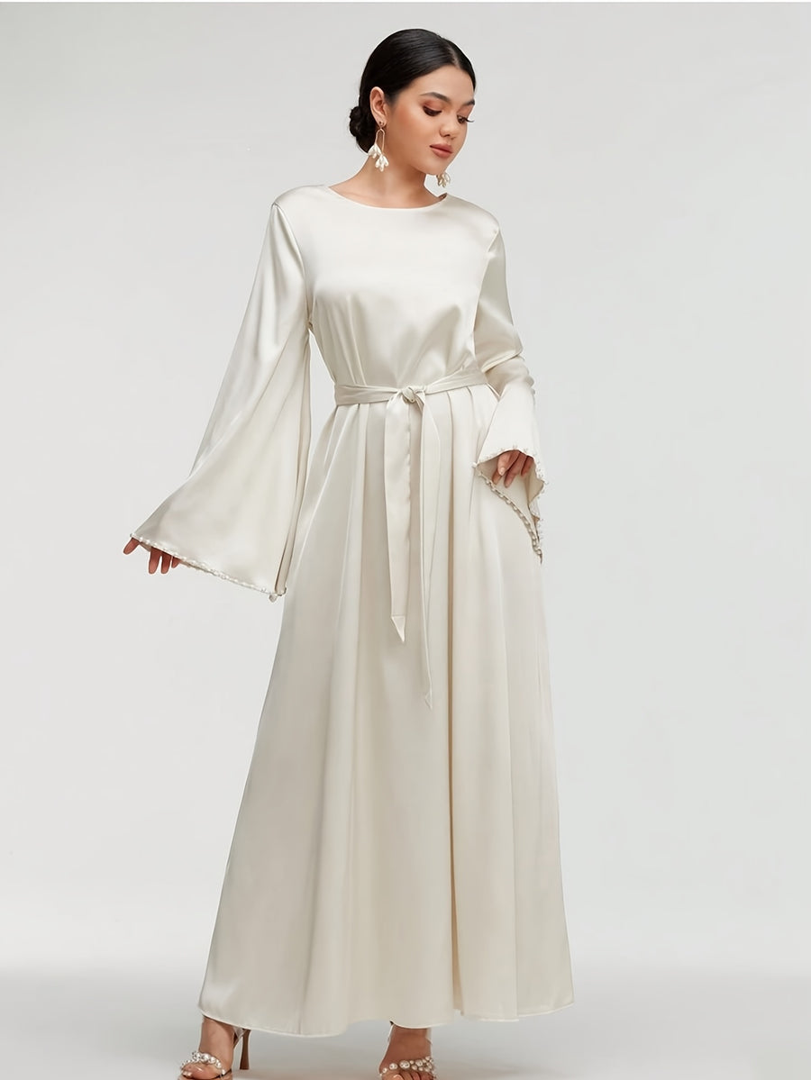 1pc Slim-fit Stretch Abaya Sleeve Front Zipper A-line AbayaElegant Flowing Muslim Robe Convenient Daily Islamic Women's WearStretch Sleeve Front Zipper AbayaSuitable for Daily Commuting, Gatherings with Family Friends, and Islamic Festive Occasions - White