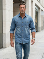 New Spring And Autumn Denim Striped Long-Sleeved Shirt for Men, American Style Workwear Button- Denim, Distressed Handmade Washed Process, Vertical Striped Retro Casual Daily Commute Outerwear Top Denim Shirt Jacket - Peacock Blue