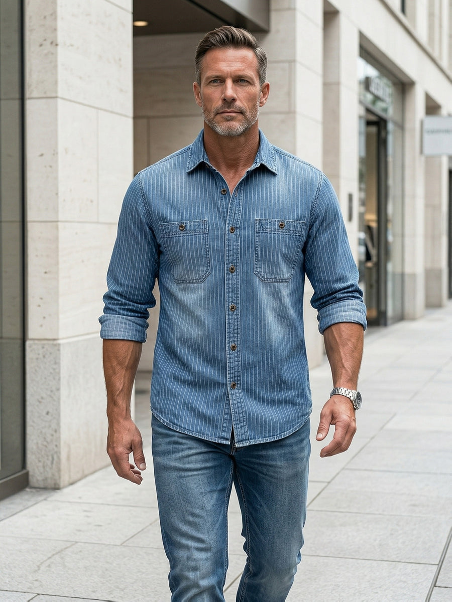 New Spring And Autumn Denim Striped Long-Sleeved Shirt for Men, American Style Workwear Button- Denim, Distressed Handmade Washed Process, Vertical Striped Retro Casual Daily Commute Outerwear Top Denim Shirt Jacket - Peacock Blue