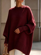 French-style Relaxed Silhouette Top, Irregular Slanted Hem Loose Lantern Sleeve Sweater, Gentle and Elegant Loose Fit That Is, Urban Casual Style - Burgundy
