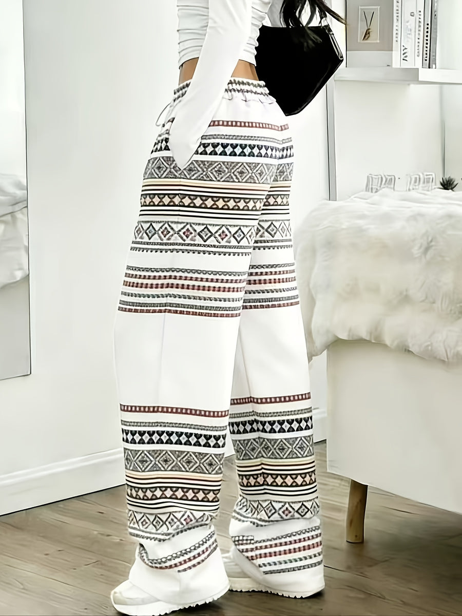 Women'S Drawstring Elastic Waist Sweatshirt Printed Wide-Leg Pants, Stylish Pocket Design, Casual And Comfortable Going-Out Sweatpants, Fashionable Women'S Clothing - White