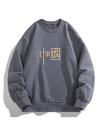 Men'S Crew Neck Sweatshirt, Spring And Autumn National Style Letter Print Pullover Top, Youth Loose Casual Versatile Long Sleeve Base Shirt - Dark Gray