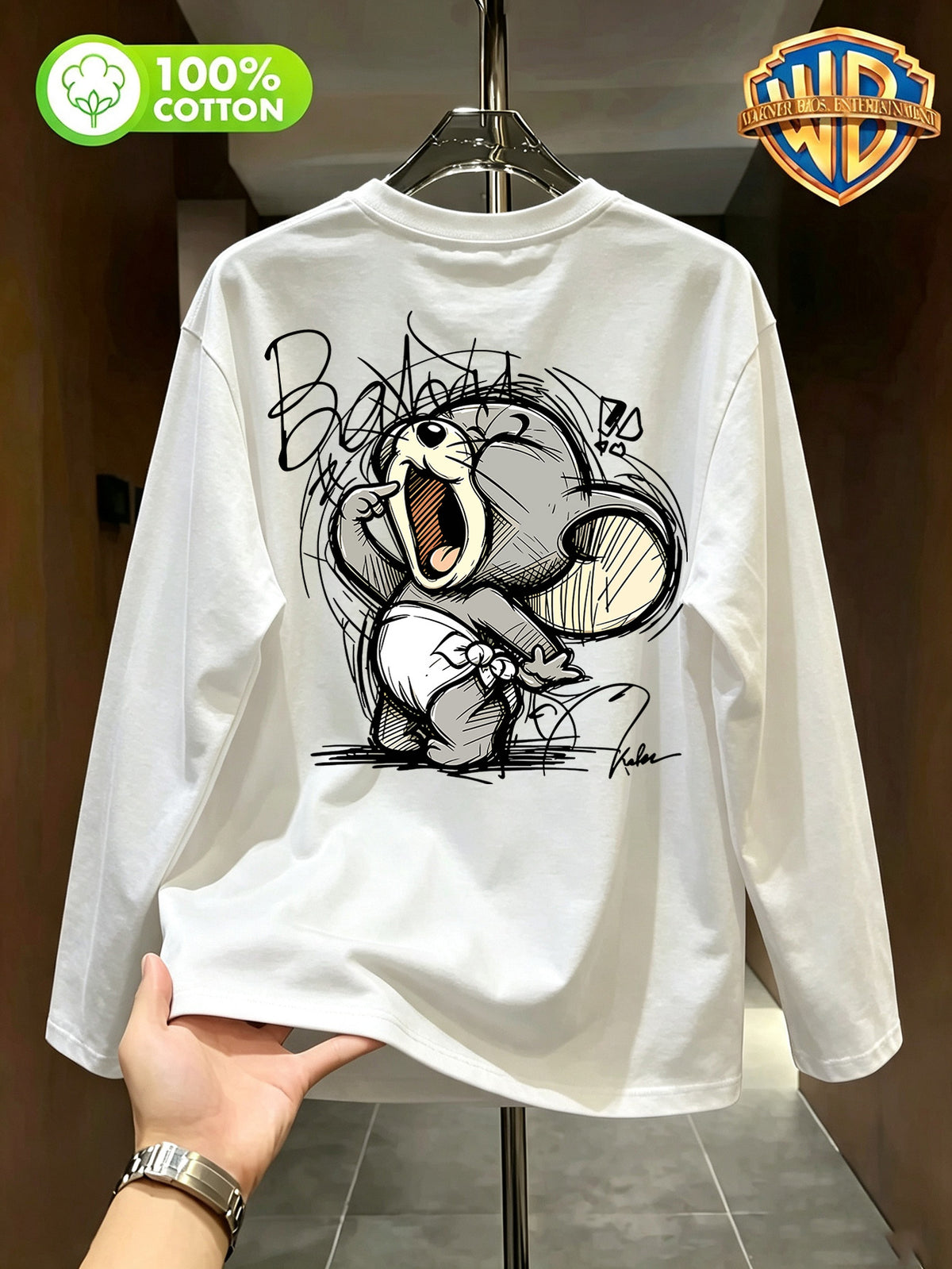 By Warner Bros., Printed 100% Pure Cotton T-shirt, Men's Comfortable and Versatile Loose Summer | Autumn | Winter Long Sleeved T-shirt, Suitable for Outdoor Sports, Gym and Multi-functional Sports Casual Loose Wear - White