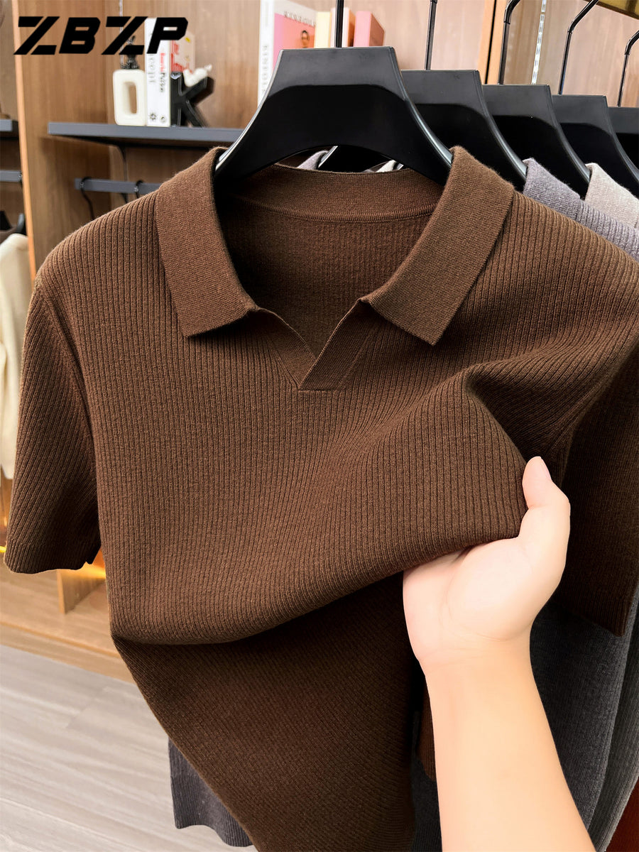 ZBZP Autumn Winter Knit 3D Solid Color Lapel Sweater, Basic Knit Pullover Top for Men, Fashion Short Sleeve Sweater ZRY - Coffee Color