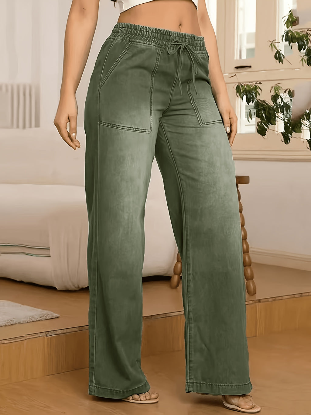 9022# New Women's Vintage Washed Olive Green Stretch Waistband Casual Versatile Jeans, Slim Fit Straight-Leg Denim Pants - Olive Green