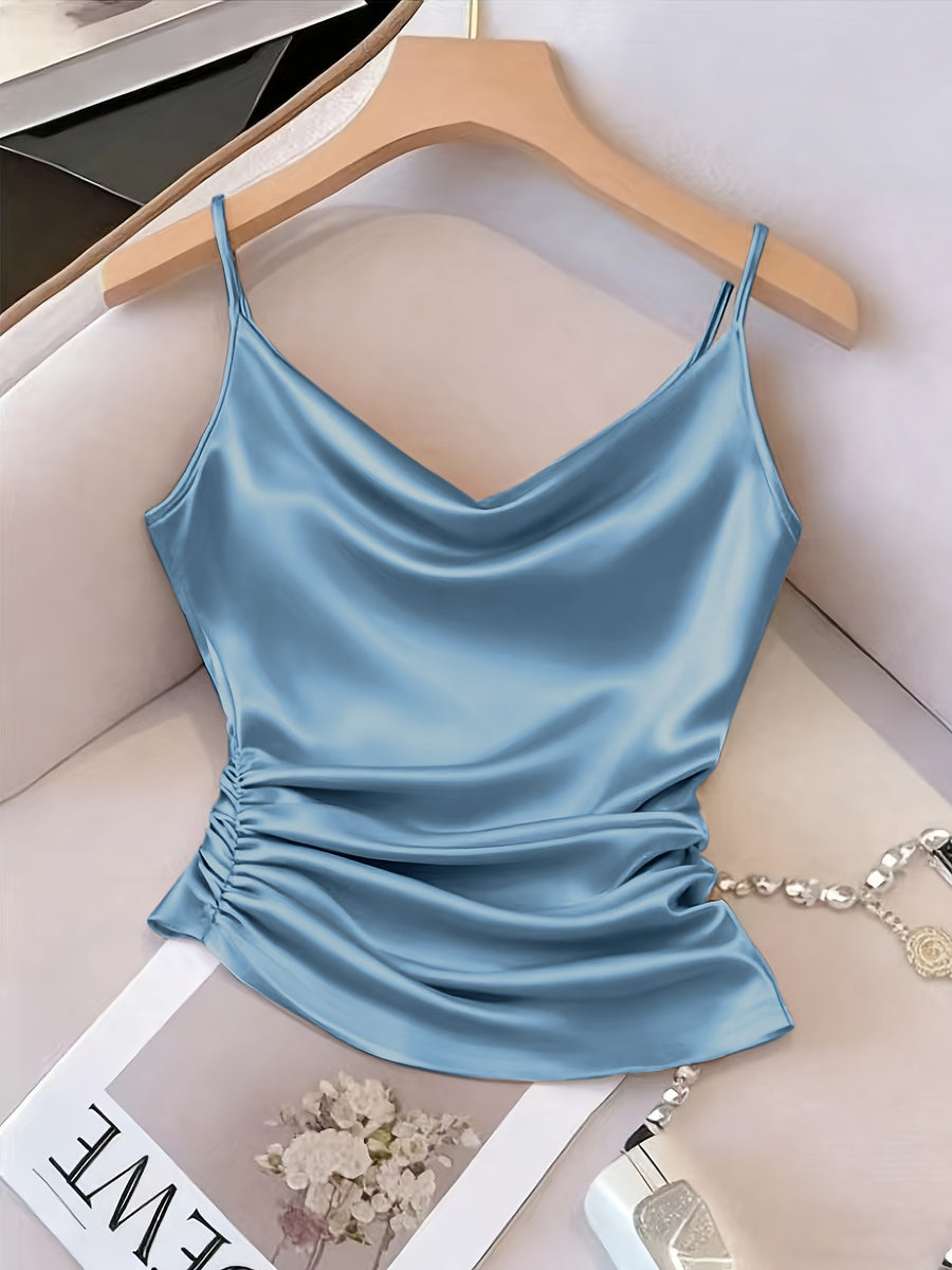 [Development WY260120078] Women's Satin Irregular Hem Side Gathers Daily Fashion Commuting Vacation Camisole Top - Lake Blue