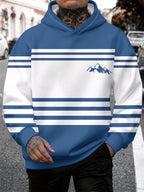 4 Styles, Men's Long Sleeve Casual Hoodies with Fresh Mountain Pattern with Contrasting Horizontal Stripes Prints, Trendy Printed Hooded Jackets, Sporty and Fashionable Style, Spring and Autumn Tops for Daily Casual Outfits. - Blue