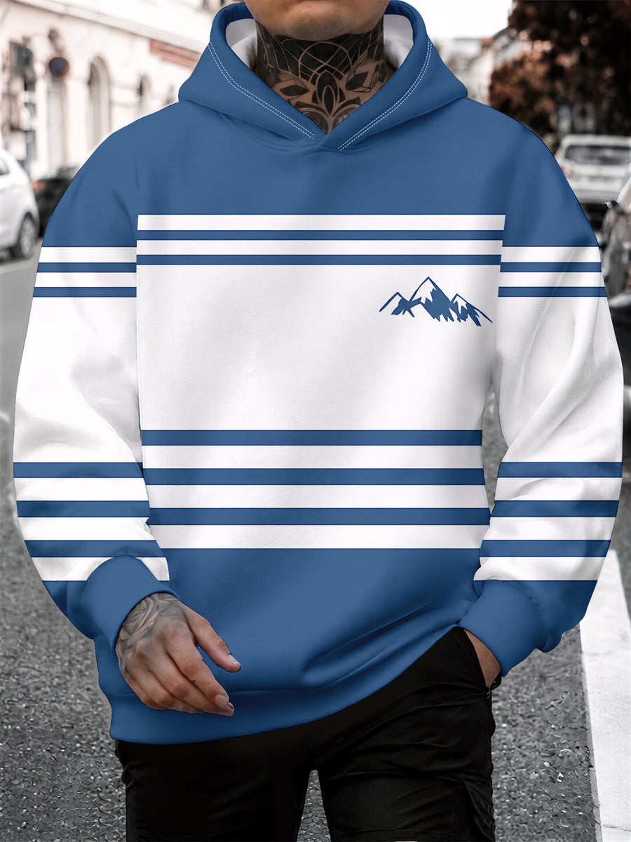 4 Styles, Men's Long Sleeve Casual Hoodies with Fresh Mountain Pattern with Contrasting Horizontal Stripes Prints, Trendy Printed Hooded Jackets, Sporty and Fashionable Style, Spring and Autumn Tops for Daily Casual Outfits. - Blue