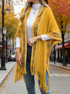 Elegant Special Edition 'Net Body Bust' Vacation Style 1pc Women's Diamond Jacquard Hooded Cape Cardigan, Vintage Ethnic Style Solid Color Tassel Fashionable Elegant European and American Style Warm Sweater Coat, Suitable for Spring, Autumn - Golden Yellow
