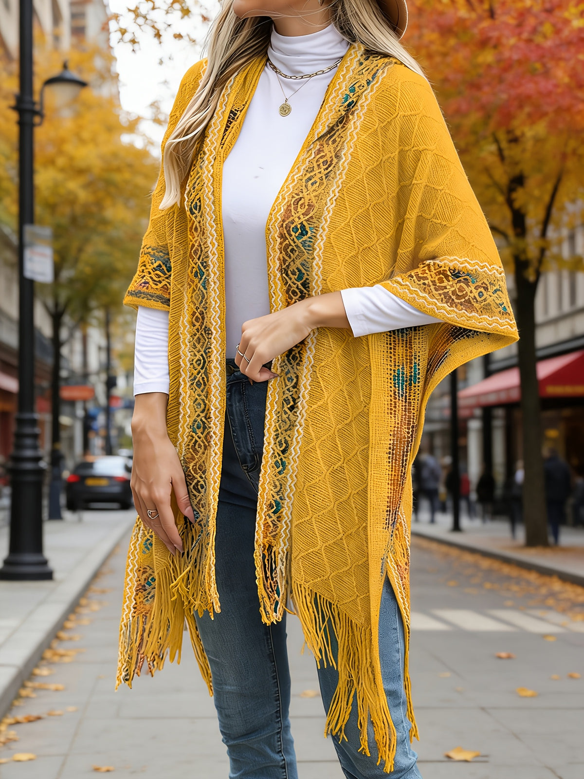 Elegant Special Edition 'Net Body Bust' Vacation Style 1pc Women's Diamond Jacquard Hooded Cape Cardigan, Vintage Ethnic Style Solid Color Tassel Fashionable Elegant European and American Style Warm Sweater Coat, Suitable for Spring, Autumn - Golden Yellow