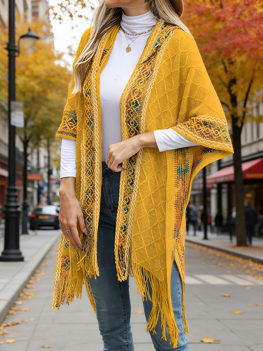Elegant Special Edition 'Net Body Bust' Vacation Style 1pc Women's Diamond Jacquard Hooded Cape Cardigan, Vintage Ethnic Style Solid Color Tassel Fashionable Elegant European and American Style Warm Sweater Coat, Suitable for Spring, Autumn - Golden Yellow