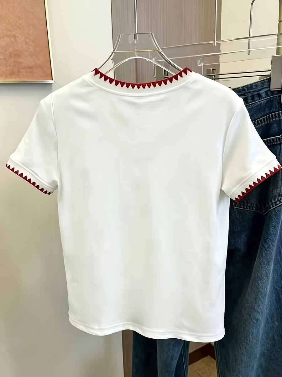 XXFL Directional Style Summer Regular Shoulder V-Neck Color-Block Fashion Versatile Short-Sleeve Top T-Shirt - White