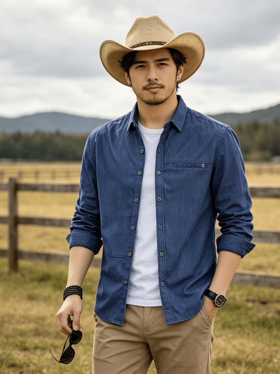Men's Casual Long-Sleeve Shirt with Lapel and Faux Pocket Design, Slim Fit for a Slimming Look, Durable and Wrinkle-Resistant for Daily Outdoor Casual Wear, Business-Casual Solid Color Shirt - Dark Blue