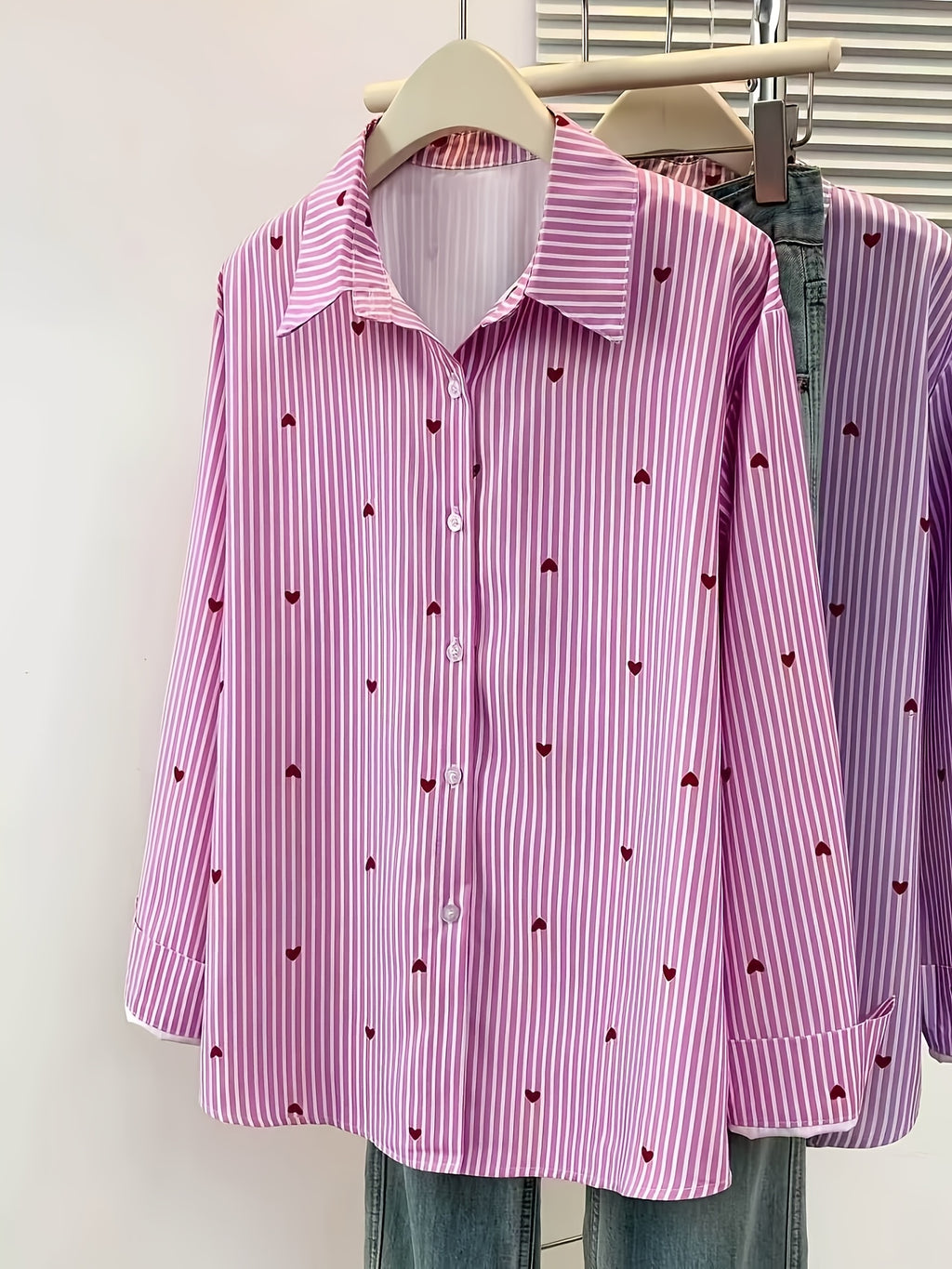 Women'S Heart Print Polo Collar Striped Shirt - Casual Collared Long Sleeve Blouse, Perfect for Spring Summer Fall Casual Wear - Pink