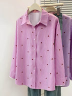 Women'S Heart Print Polo Collar Striped Shirt - Casual Collared Long Sleeve Blouse, Perfect for Spring Summer Fall Casual Wear - Pink