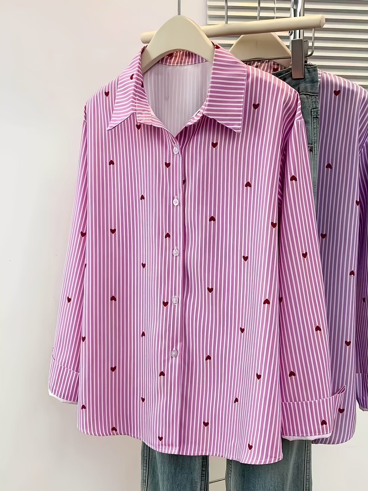 Women'S Heart Print Polo Collar Striped Shirt - Casual Collared Long Sleeve Blouse, Perfect for Spring Summer Fall Casual Wear - Pink